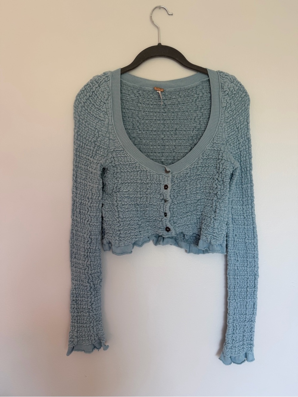 Free People Light Blue Textured Button-Front Crop Cardigan